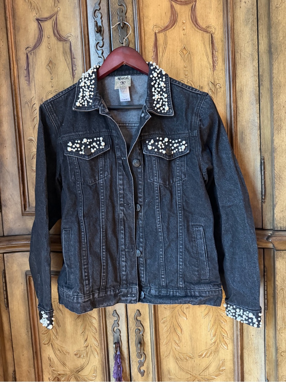 Vocal Black Denim Jacket with Pearl Embellishments